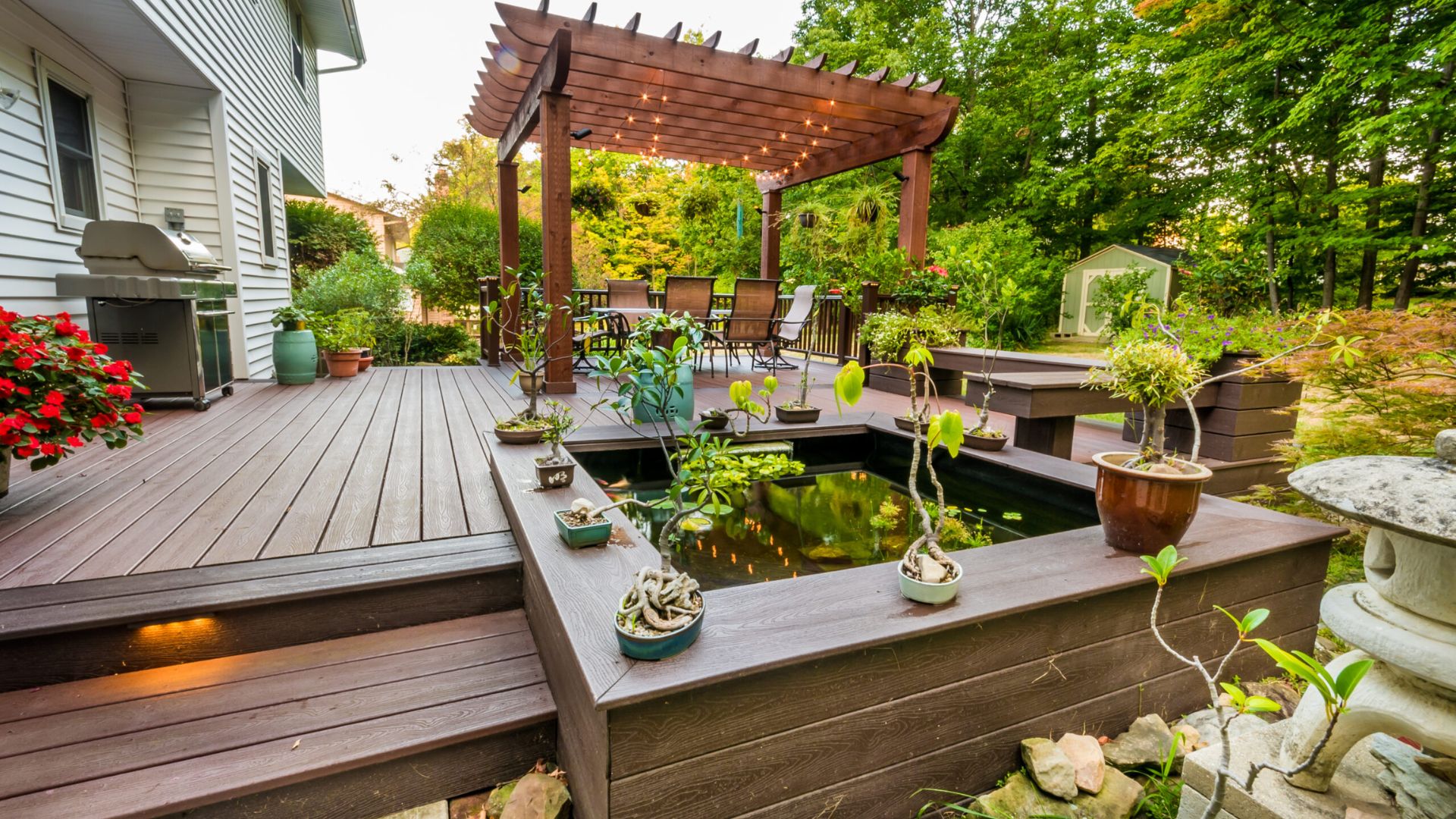 Backyard Deck with Pergola and Pond