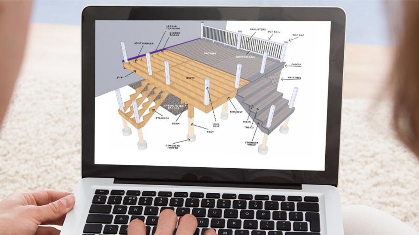 Professional Analyzing Deck Design Plan on Laptop 