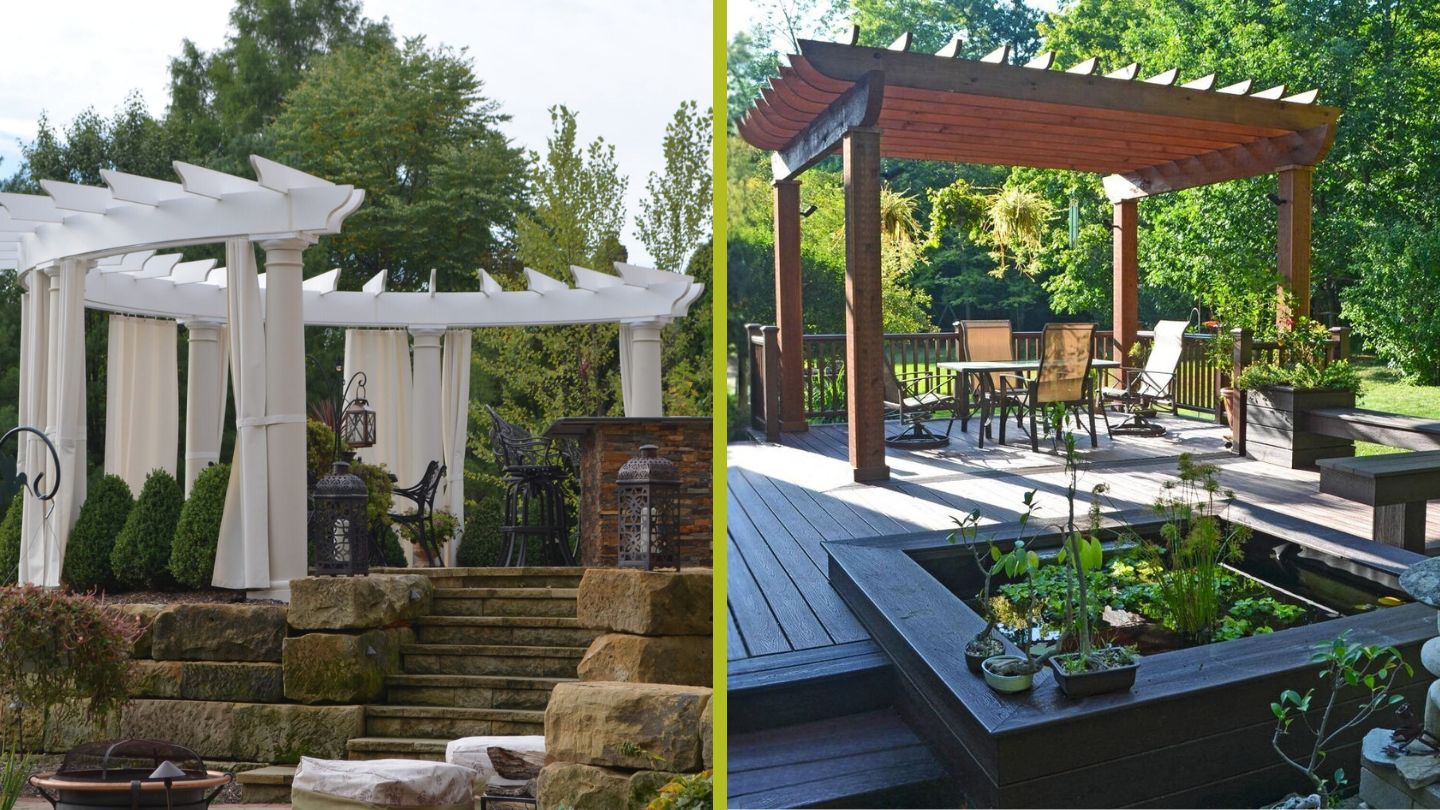 White Curved Pergola And Brown Wooden Pergola Comparison