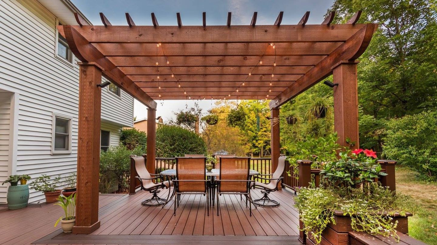 Wooden Deck Pergola With String Lights